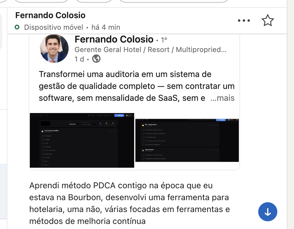 Publicação de Fernando Colosio no LinkedIn relatando transformação em sistema de gestão de qualidade